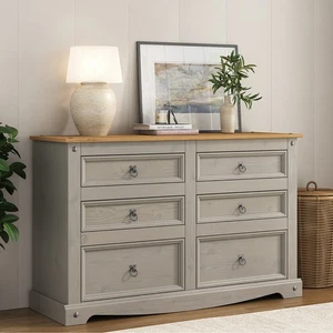 Corona Grey Chest of Drawers Pine 6 Drawer 3+3 Solid Pine Mexican Wax Sideboard - Picture 1 of 6