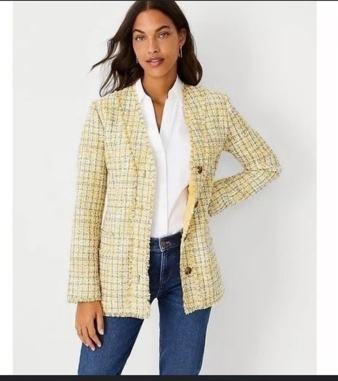 Blazer Ann Taylor Mujer 14 Flecos Tweed Carrera Oficina Corporativa Amarillo Azul Foto 1 de 4