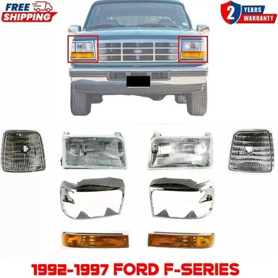 Front Headlights+Head Lamps Door+Signal+Corner Lamps For 92-97 Ford F-Series - Image 1 of 4
