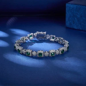 17Ct Princess Cut Lab Created Green Emerald Tennis Bracelet 14K White Gold Pated - Picture 1 of 8