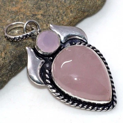 Rose Quartz Pink Chalcedony 925 Silver Plated Long Gemstone Pendant 2.1" JW - Image 1 of 3