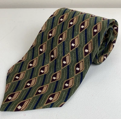Bill Blass Black Label 100% Silk Tie Green Gold Diamond Pattern MCM Vibe 90s Tie - Image 1 of 4