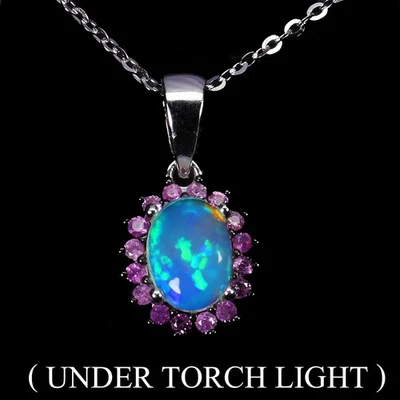 925 Sterlingsilber Halskette Oval Feuer Opal 8x6mm Saphir No USA Einfuhr Fees - Bild 1 von 4