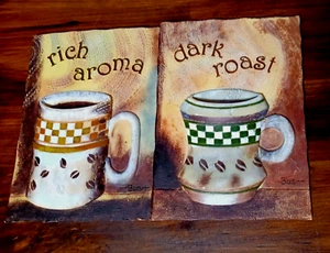 Lote de 2 placas de pared vintage para rincón de café pintadas a mano firmadas  - Imagen 1 de 3