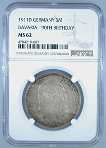 1911D Germany 3 Mark Bavaria- 90th Birthday MS-62 NGC Certified - Picture 1 of 4