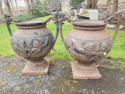 Amazing Antique Pair of XLarge Cast Iron Victorian Urns- Great Details & Design Cover