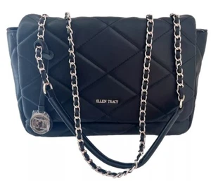 Ellen Tracy Smooth Diamond Quilted Top Flat Satchel Black Handbag - Picture 1 of 8