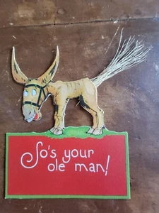 "So's Your Old Man" Donkey-Straw Tail Vintage 1927 Die-Cut Valentine Unused - Picture 1 of 2
