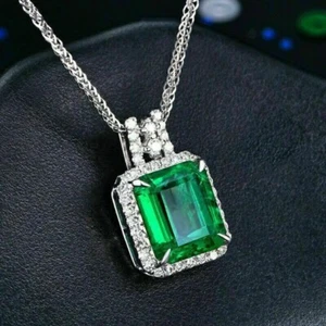 4Ct Emerald Cut Green Emerald Diamond Halo Pendant Necklace 14K White Gold Over - Picture 1 of 6