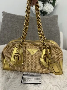 PRADA Woven Paglia Cinghiale Frame Tote Bag Natural Oro AUTHENTIC - Picture 1 of 22