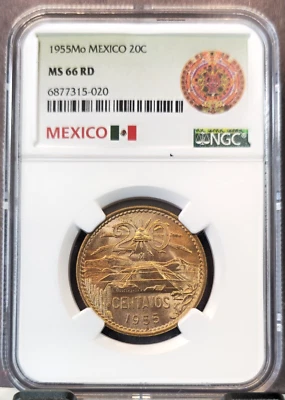 1955 MEXICO 20 CENTAVOS PYRAMID TEOTIHUACAN NGC MS 66 RD RARE GEM BU RED - Image 1 of 3