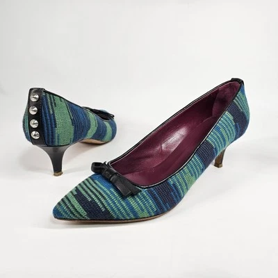 Missoni Heel Pumps Womens 7 37 Knit Spool Blue Green Bow Italy Woven Pointy - Image 1 of 4