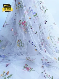 Eleganter weißer Spitzenstoff Tüllstoff Meterware bunte Blumenstickerei, 35X51 - Bild 1 von 4