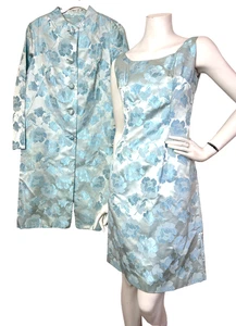Vintage 60 Kleid Mantel Set Blumen Brokat Satin Jacquard Knopf Blau Größe Small 6 - Bild 1 von 15