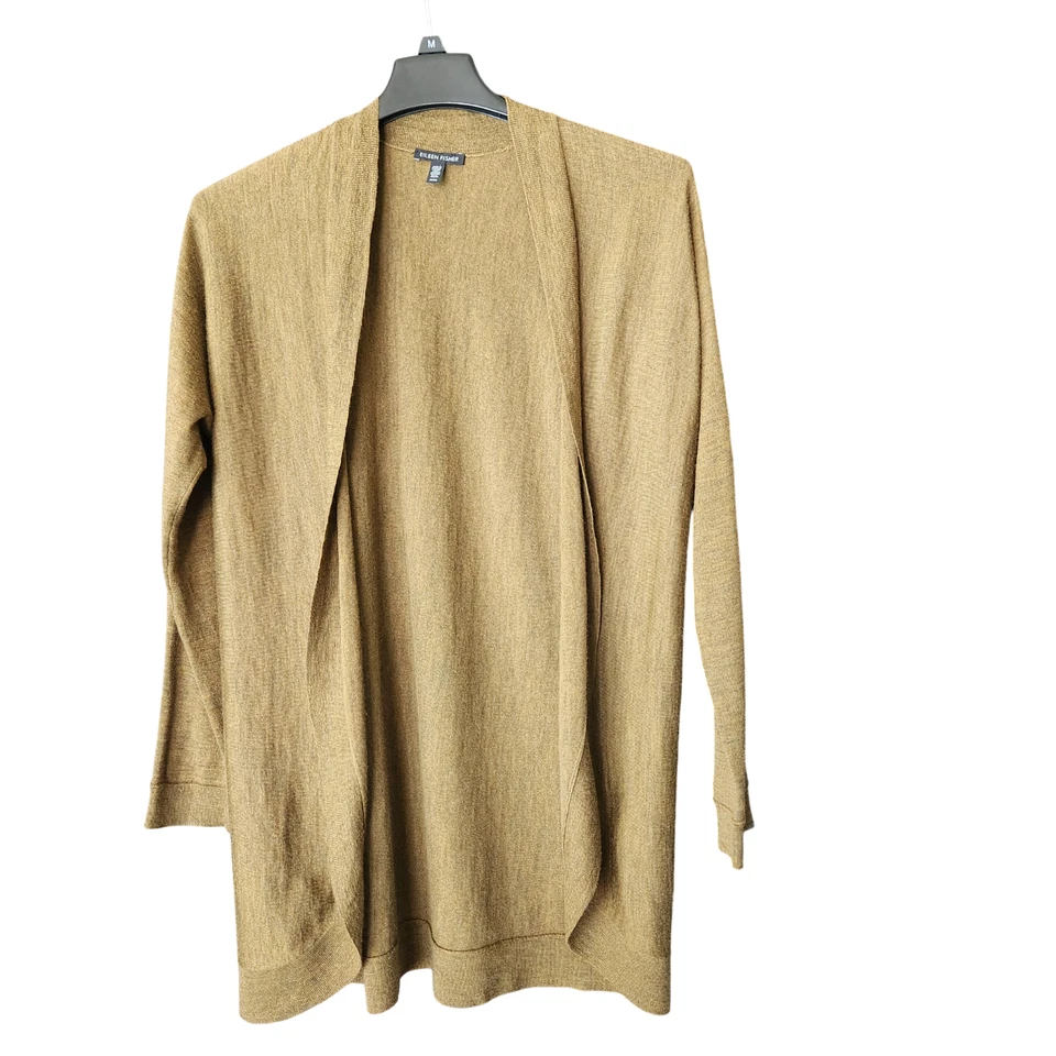 Cardigã suéter Eileen Fisher amarelo mostarda lã merino frente aberta M - Imagem 1 de 4