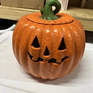 "Calabaza vintage de Halloween Jack O Lantern cerámica grande con tapa 9""" - Imagen 1 de 10