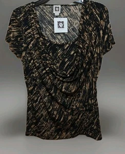 Anne Klein Blouse Black Animal Print Cowl Drape Top Short Cap Sleeve NWT Size L - Picture 1 of 5