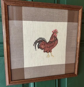 Vintage Framed Art Cross Stitch Chicken Rooster Gingham Needlepoint Handmade - Picture 1 of 7