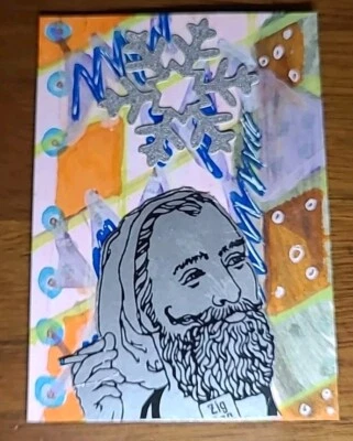 Aceo Painting Zigzags Orange Snowflake Smoke Weed Marijuana Rolling Mushroom Guy - Image 1 of 4