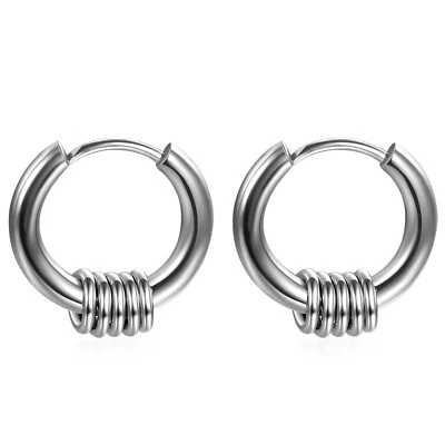 Men Women Silver Circle Beads Earrings Pierced Stainless Steel Hoop Huggie Studs - Image 1 of 4