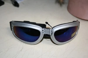 NOMAD FOLDING MOTORCYCLE GOGGLES SILVER FRAMES BLUE MIRROR LENS - Bild 1 von 5