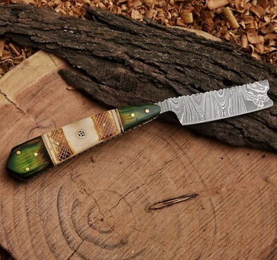 Custom Handmade Damascus Folding Razer With Bone Handle& Leather Cover - Image 1 of 4