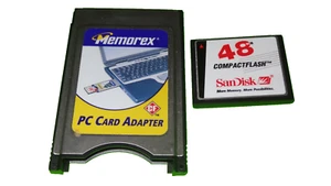 PCMCIA CompactFlash PC Card Adapter by Memorex with SanDisk 48MB CF Memory Card - Afbeelding 1 van 2