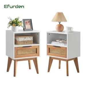 Rattan Nightstand Set of 2 End Side Table with 1 Handmade Natural Rattan Drawers - Picture 1 of 9