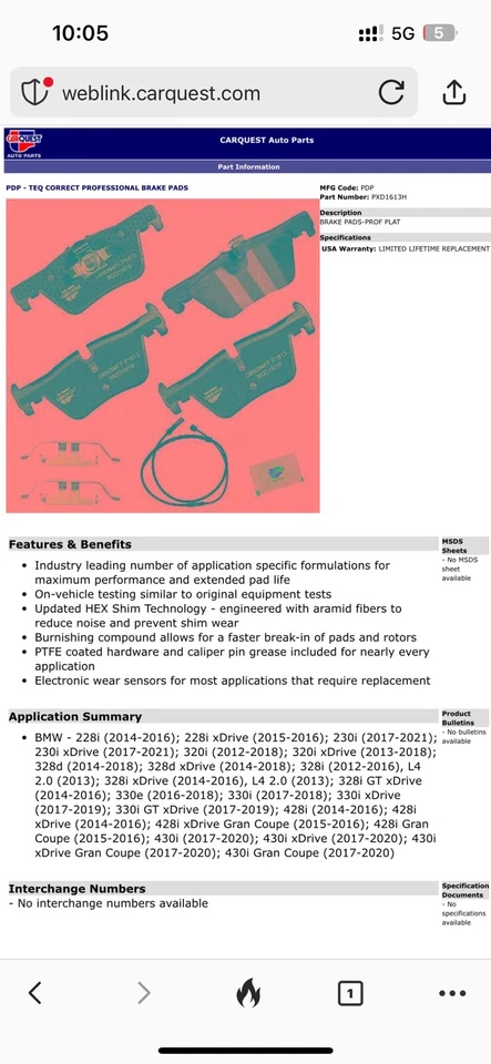 Juego de pastillas de freno de disco CARQUEST PXD1613H para BMW Foto 1 de 4