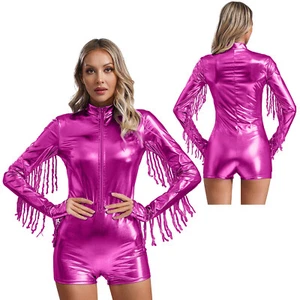 Women Shiny Metallic Bodysuit Sequin Tassels Jumpsuit Ballet Dance Leotard Party - Picture 1 of 57