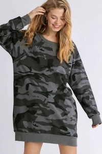 Umgee Plus Camo Print French Terry Ribbed Hem Mini T-Shirt Dress in Gray Multi - Picture 1 of 5