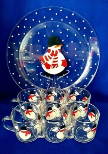 Crate & Barrel Skating Snowman Luminarc Coffee Hot Chocolate 6 Cup Mug Tray Set - Picture 1 of 8