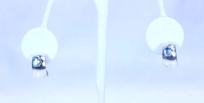 Beautiful Sterling Silver Half Hoop Oval Blue Topaz Earrings 0.5"- 13644 - Image 1 of 4