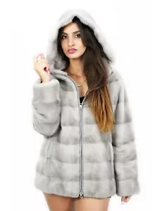 Horizontal Mink Zip Fur Jacket Sapphire 44 Hooded Long Sleeve Leather - Picture 1 of 6