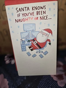 Lustige Weihnachtskarte - Weihnachtsmann "frech oder nett" - Geschenkkartenhalter + roter Umschlag - Bild 1 von 2