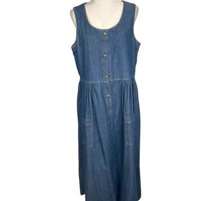 Moda Int'l Dress Women 14 Blue Sleeveless Button Cotton Denim Jumper USA VTG Foto 1 de 4