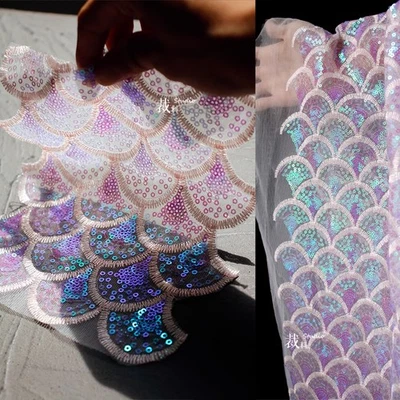 1m Fish Scale Sequins Laser Embroidery Mesh Fabric DIY Clothing Designer fabric - Image 1 of 4