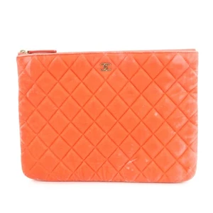CHANEL COCO Mark Matelasse Velour Leather Clutch Bag Orange Authentic Used F/S - Picture 1 of 22
