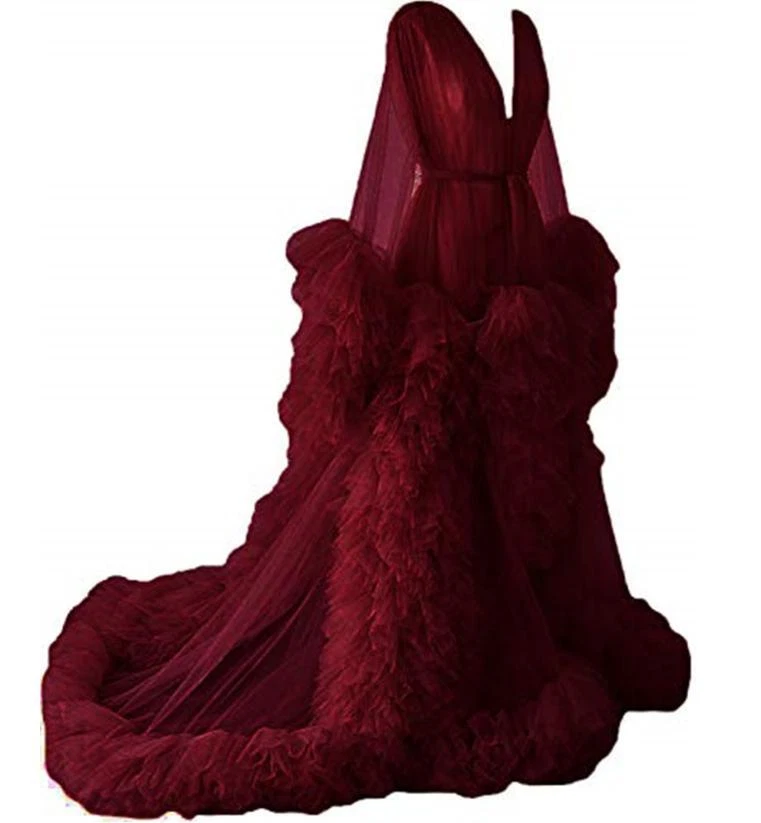 Occident Lady Mesh Long Dress Belted Robe Puffy Tulle V Neck Gown Ball Sexy Chic - Image 1 of 4