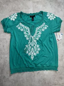 INC Damen XL türkisweiße Bluse bestickt Strass Quasten Design Top - Bild 1 von 9