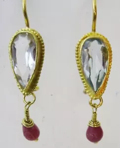 Handmade Blue Topaz and Ruby Earrings in 18 karat Gold - Picture 1 of 3