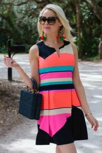 $186 JULIE BROWN 6 8 Harlyn Sleeveless Colorblock Neon A-Line Pleaded Dress - Picture 1 of 12