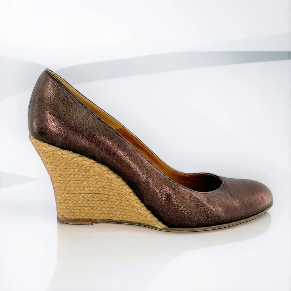 LANVIN Bronze Metallic Brown Leather Espadrille Wedge Heels Size 39 - Image 1 of 4