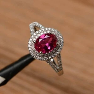 1.9ct Lab-Created Pink Ruby Halo Split Shank Engagement Ring White Gold Plated - Picture 1 of 5