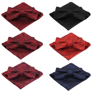 Men Paisley Floral Pre-tied Bow Tie Pocket Square Handkerchief Wedding Party Set - Picture 1 of 7
