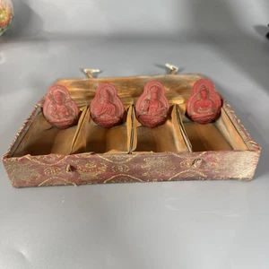 Set Of 4 Guanyin Pendants Cinnabar Colored Stone In Box 2 In - Picture 1 of 12