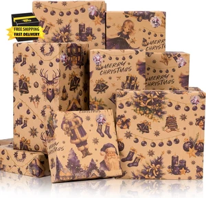 Christmas Wrapping Paper with Stickers, Dark Blue Kraft Gift Wrapping Paper - Cu - Picture 1 of 7