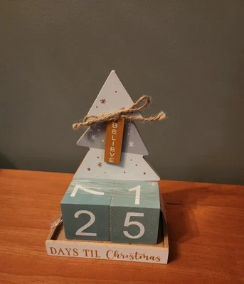 Christmas Advent Countdown Tree Elegant Wooden 7in Farmhouse Decor White Teal - Image 1 of 3