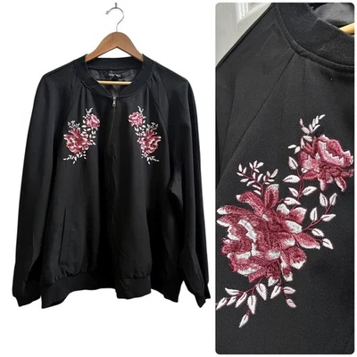 Chaqueta Bomber Ligera Boho 3X Roz & Ali Defecto Negra Floral Bordada con Cremallera Foto 1 de 4