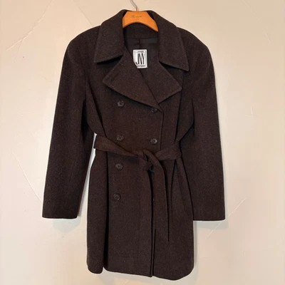 Vintage JNY Women Double Breasted Belted Wool Trench Coat Mid Length SZ L - Image 1 of 4